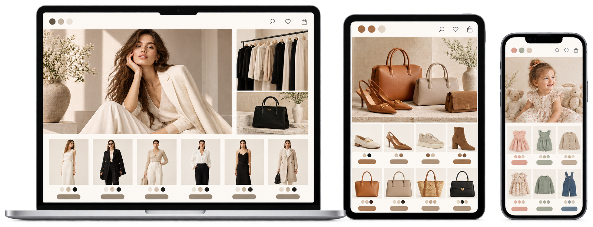 Ba kiểu website thời trang trên laptop, máy tính bảng và điện thoại: shop quần áo nữ, shop giày, túi và shop đồ trẻ em (giao diện minh hoạ)