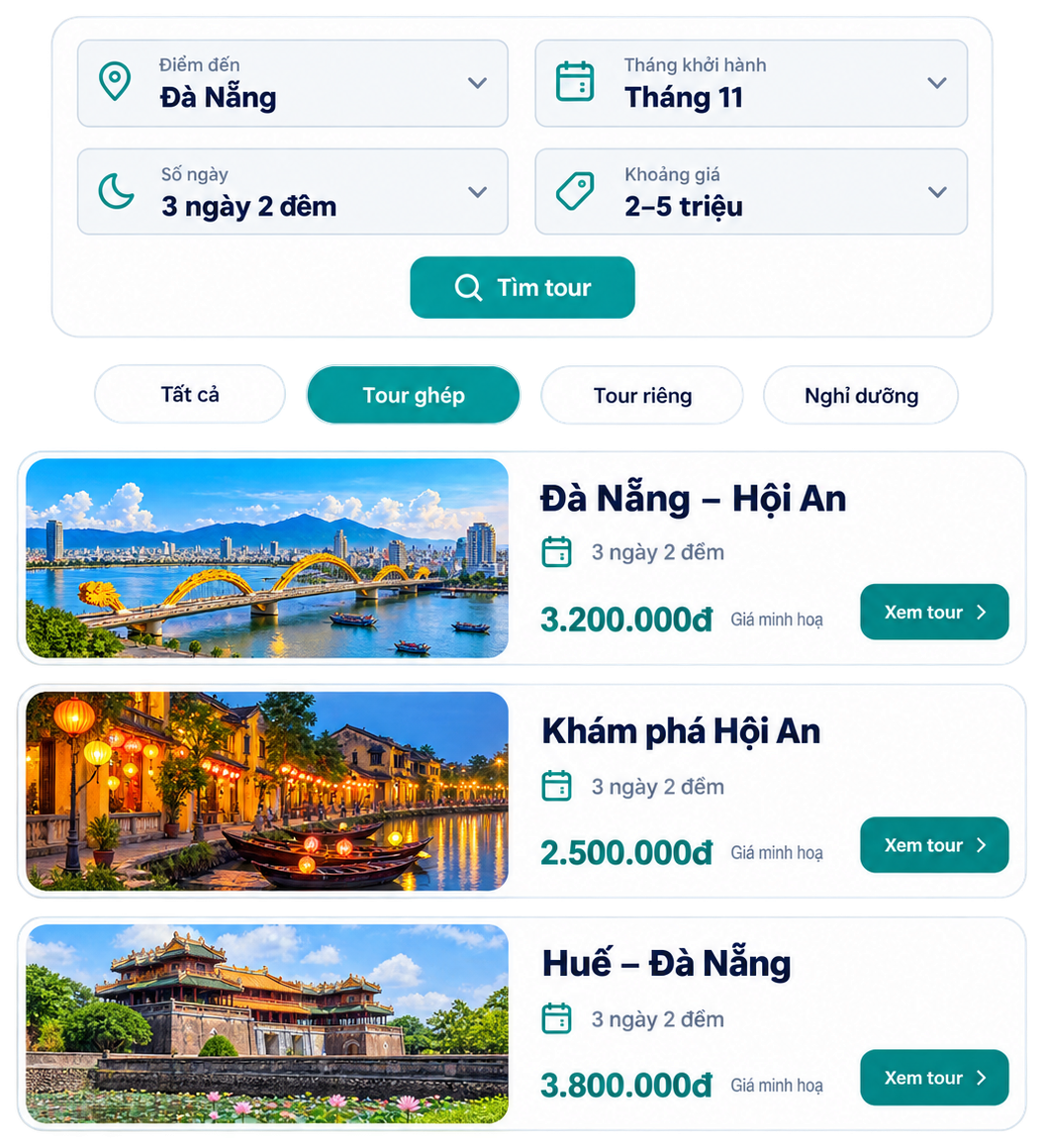 Ô tìm và lọc tour theo điểm đến, tháng khởi hành, số ngày, khoảng giá, các chip loại tour và ba tour kết quả ghi giá minh hoạ