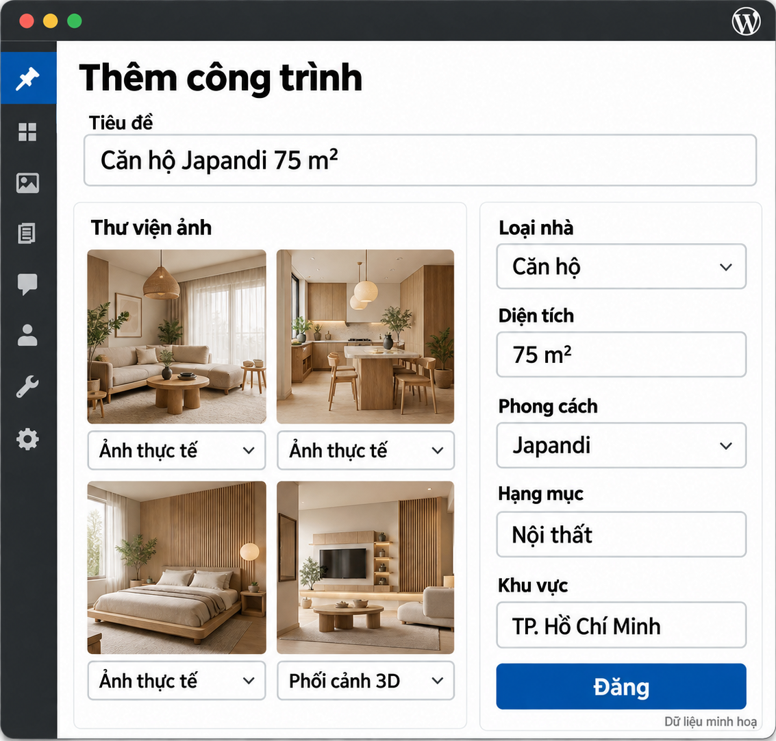 Màn quản trị WordPress minh hoạ để thêm công trình: tiêu đề Căn hộ Japandi 75 m², thư viện ảnh chọn nhãn Ảnh thực tế hay Phối cảnh 3D, các ô loại nhà, diện tích, phong cách, hạng mục, khu vực và nút Đăng