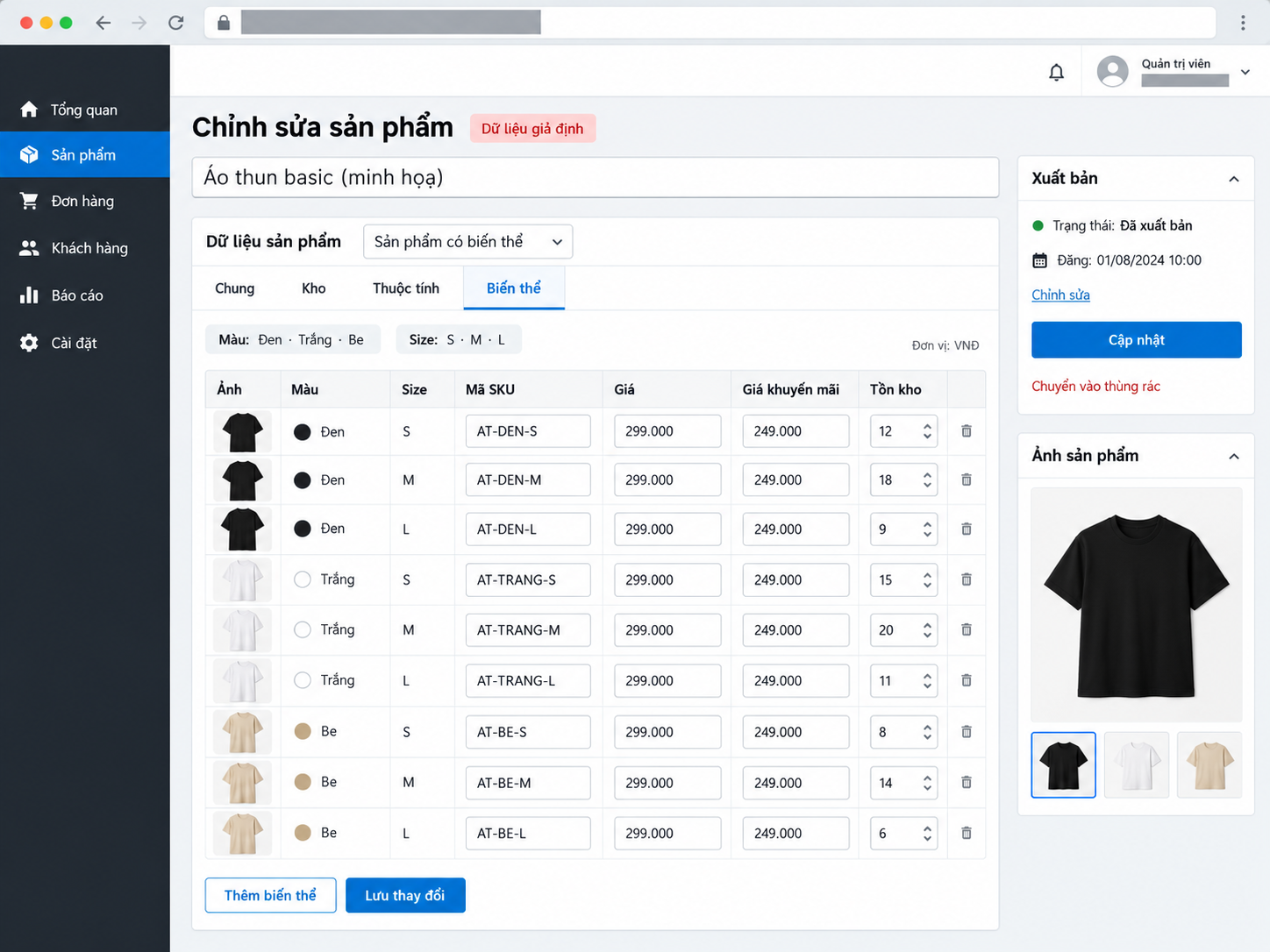 Màn quản trị minh hoạ: áo thun có biến thể Đen, Trắng, Be theo size S, M, L, mỗi dòng có SKU, giá, tồn kho (dữ liệu giả định)