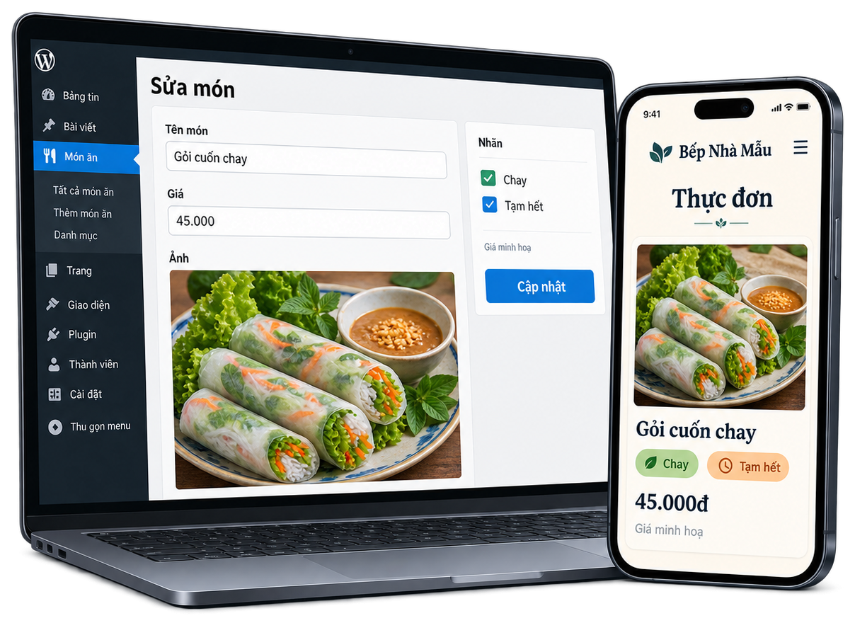Trang quản trị WordPress sửa món Gỏi cuốn chay: tên, giá, ảnh, nhãn Chay, Tạm hết; điện thoại hiện đúng món trên thực đơn