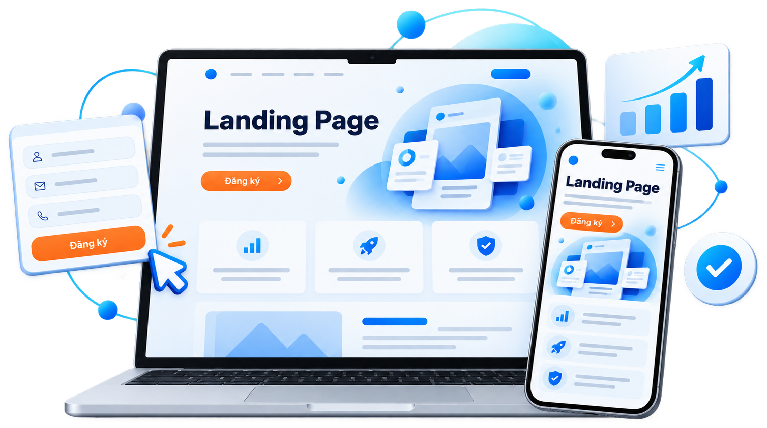 Minh hoạ landing page trên laptop và điện thoại: tiêu đề Landing Page, nút Đăng ký, form ngắn nổi bên cạnh, biểu tượng biểu đồ và dấu tích