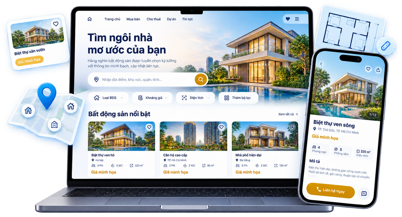 Website bất động sản do CVM thiết kế trên laptop và điện thoại: ô tìm theo khu vực, lọc loại, giá, diện tích, bất động sản nổi bật, trang chi tiết có nút Liên hệ
