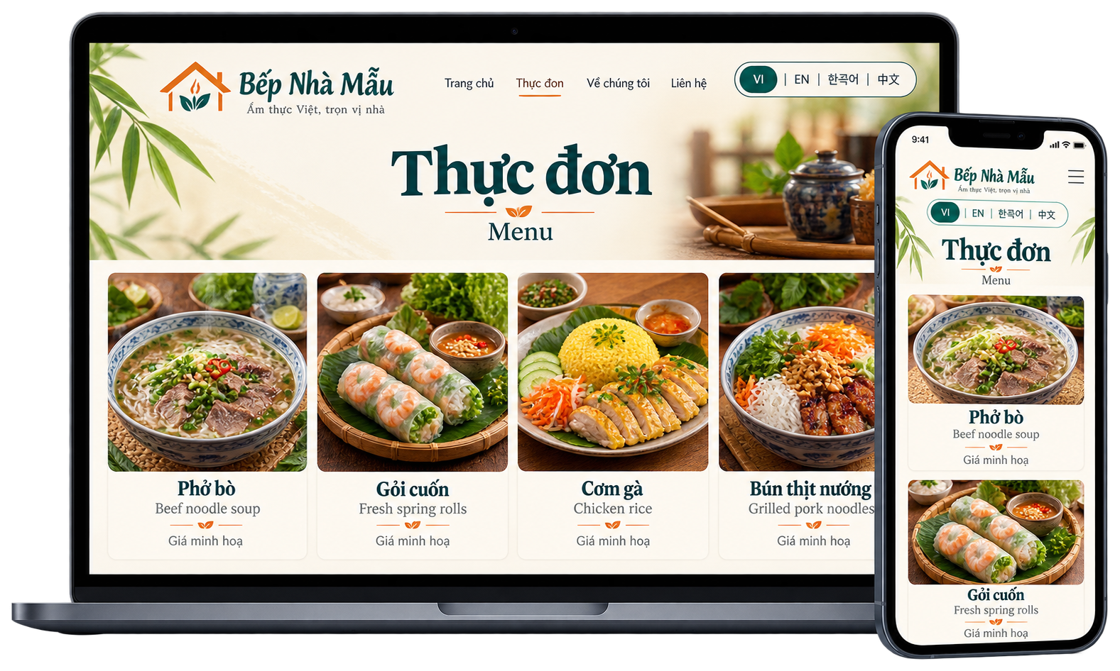 Thực đơn website nhà hàng trên laptop và điện thoại có nút đổi tiếng Việt, Anh, Hàn, Trung, tên món song ngữ kèm ảnh
