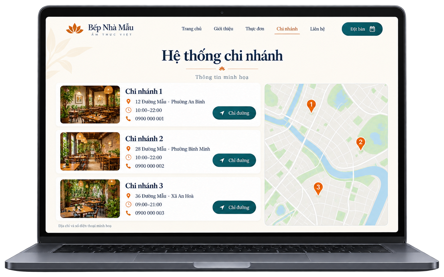 Trang hệ thống chi nhánh trên laptop: ba chi nhánh có địa chỉ, giờ mở cửa, số điện thoại, nút Chỉ đường và bản đồ ghim