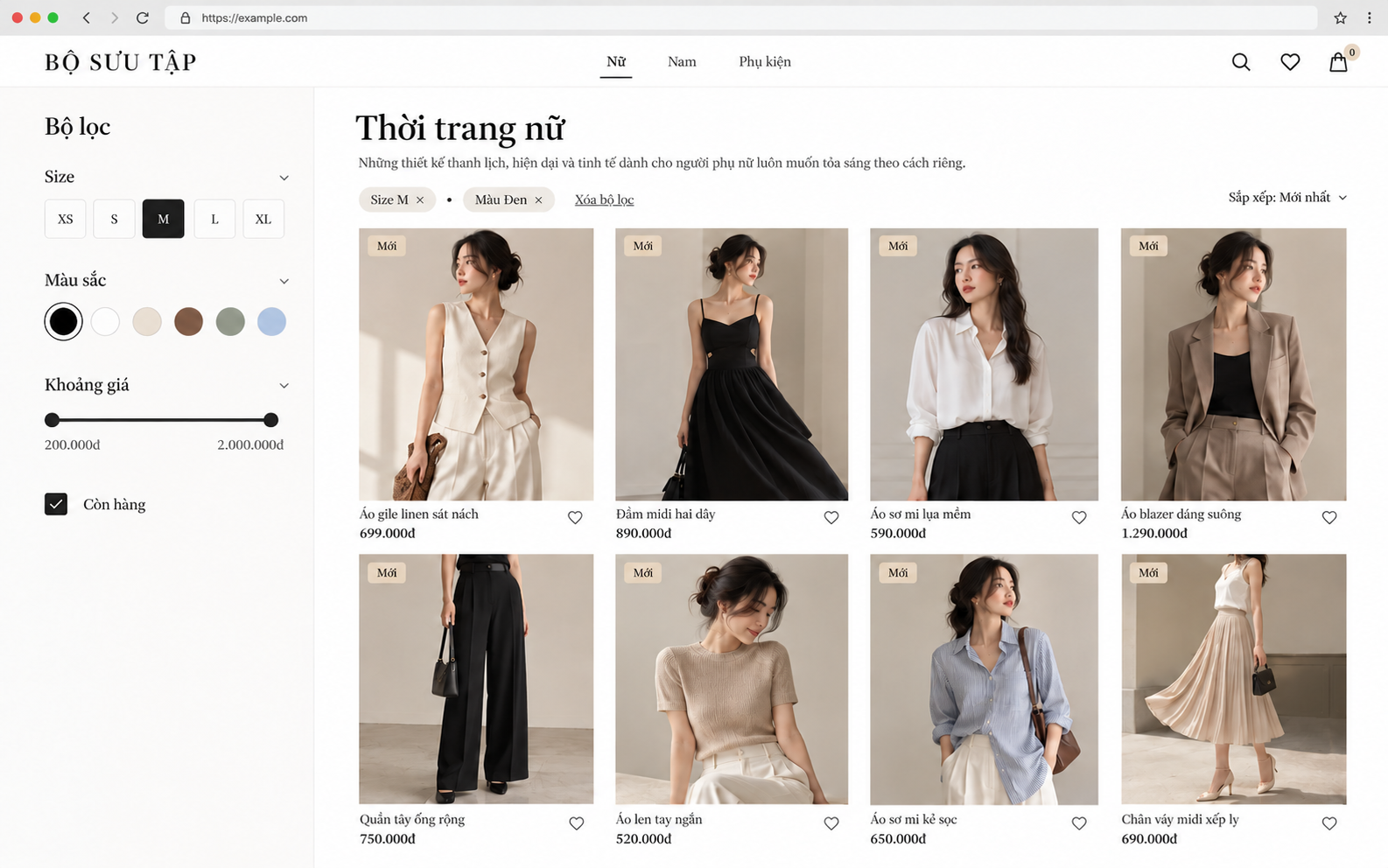 Trang danh mục Thời trang nữ trên máy tính: bộ lọc size, màu, giá, còn hàng, đang lọc Size M và Màu Đen; lưới 8 sản phẩm (giao diện minh hoạ)