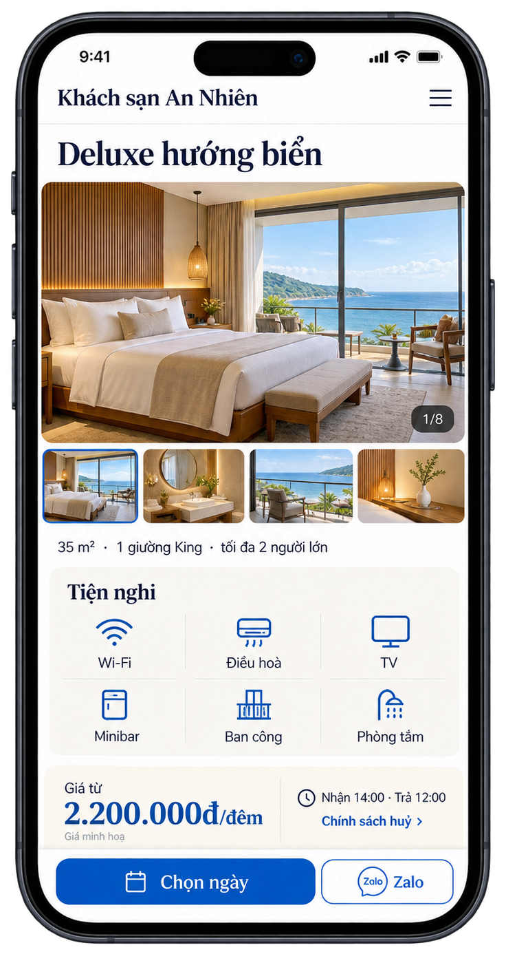 Trang hạng phòng Deluxe hướng biển trên điện thoại: thư viện ảnh, diện tích, giường, tiện nghi, giá theo đêm, nút Chọn ngày, Zalo (giao diện minh hoạ)