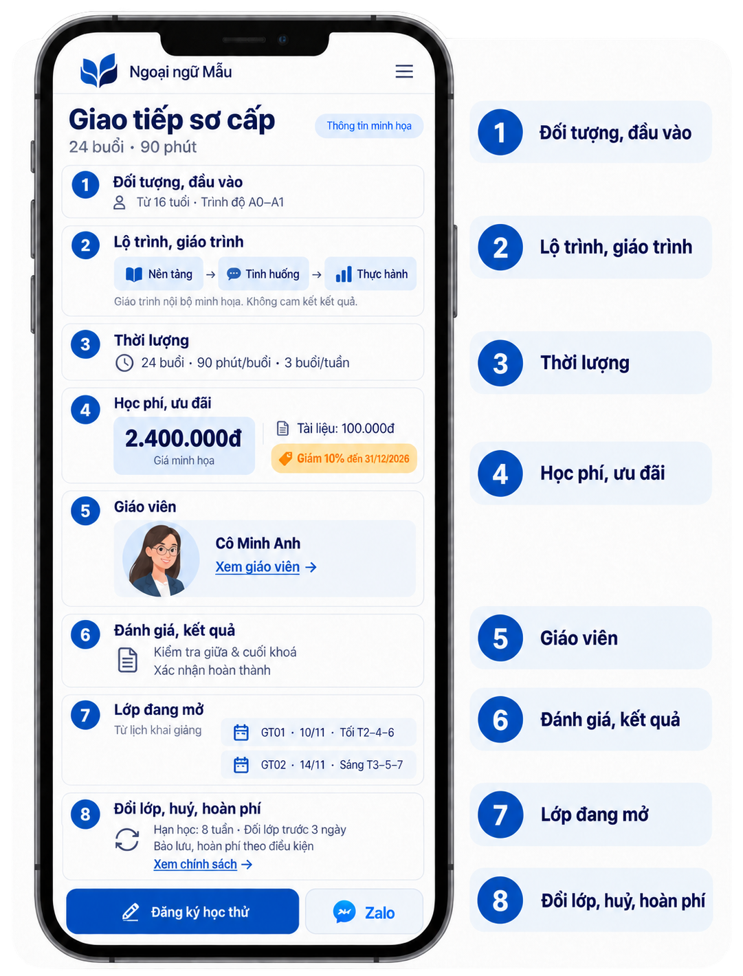 Trang khoá Giao tiếp sơ cấp trên điện thoại, số 1–8: đầu vào, lộ trình, thời lượng, học phí, giáo viên, đánh giá, lớp mở, đổi lớp (giao diện minh hoạ)