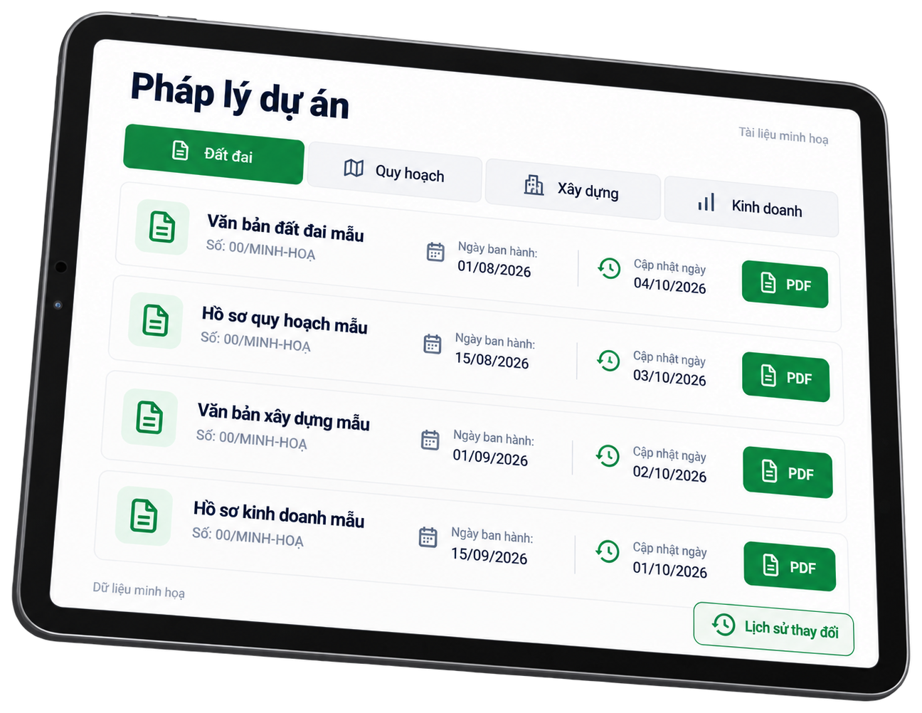 Trang Pháp lý dự án minh hoạ trên máy tính bảng: tab Đất đai, Quy hoạch, Xây dựng, Kinh doanh, mỗi văn bản có ngày cập nhật và nút tải PDF