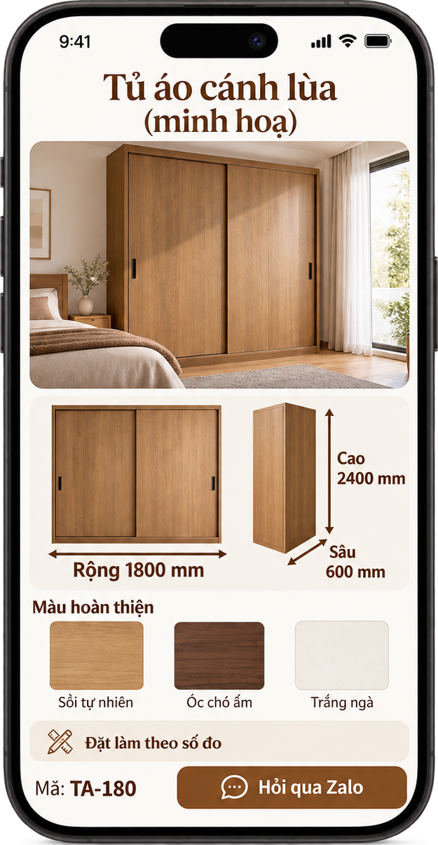 Trang sản phẩm nội thất minh hoạ trên điện thoại: Tủ áo cánh lùa có ảnh tủ trong phòng ngủ, hình tủ ghi kích thước Rộng 1800 mm, Sâu 600 mm, Cao 2400 mm, ba màu hoàn thiện Sồi tự nhiên, Óc chó ấm, Trắng ngà, dòng Đặt làm theo số đo, mã TA-180 và nút Hỏi qua Zalo