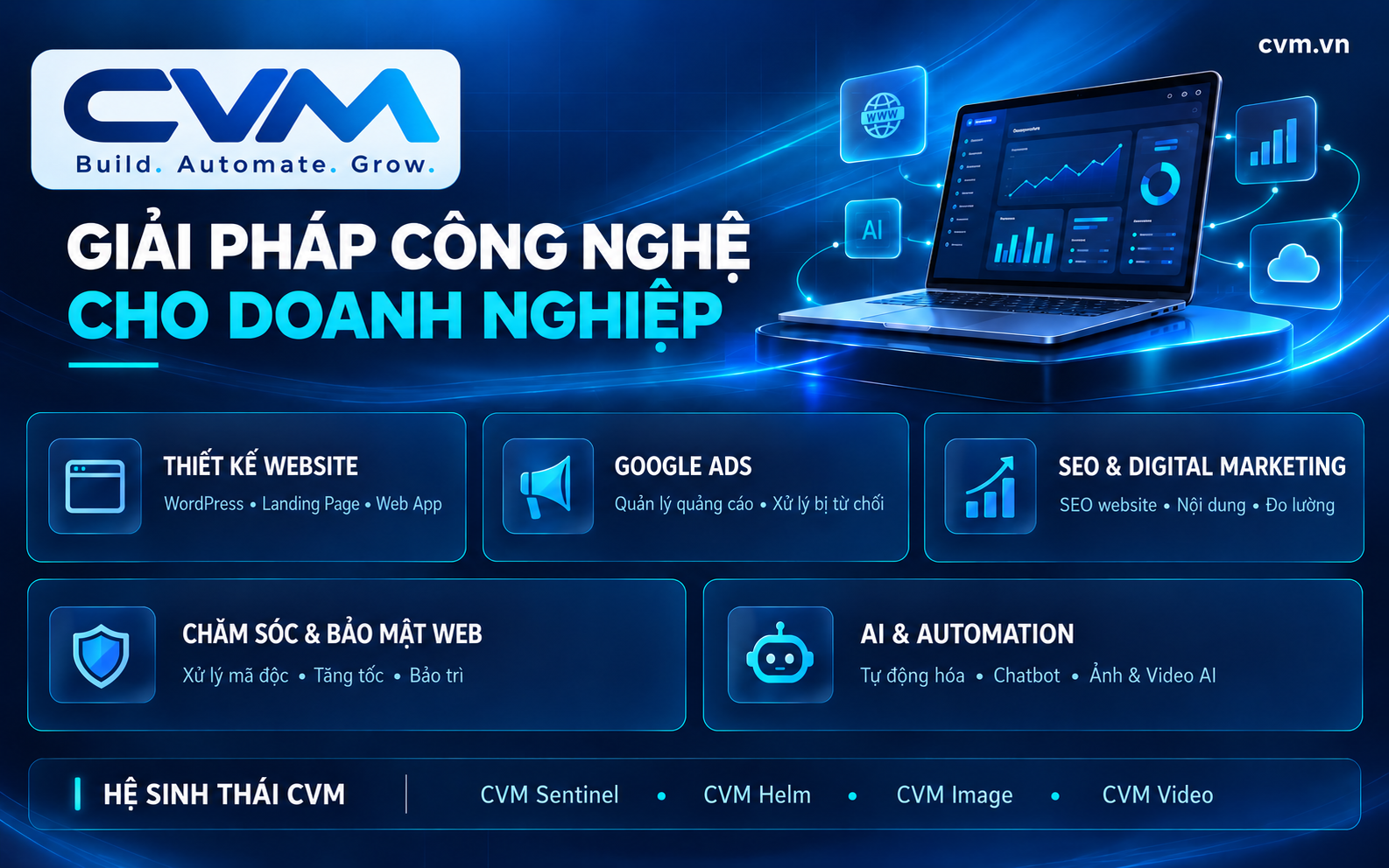 Banner CVM giải pháp công nghệ cho doanh nghiệp: thiết kế website, Google Ads, SEO và digital marketing, chăm sóc và bảo mật web, AI và automation, hệ sinh thái CVM Sentinel, CVM Helm, CVM Image, CVM Video