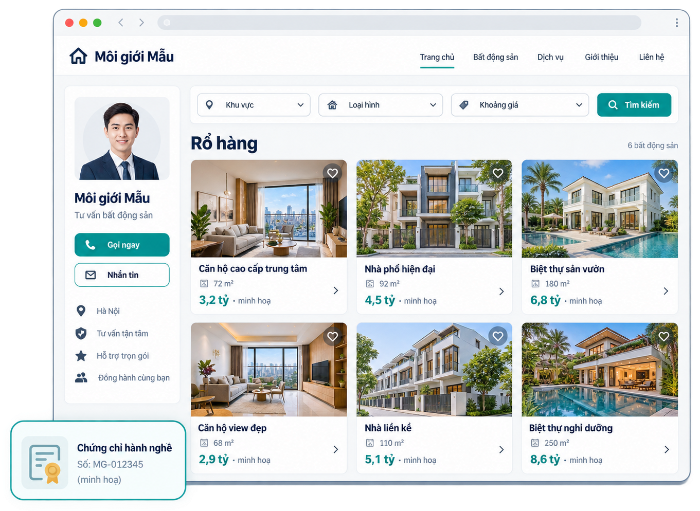 Website môi giới bất động sản minh hoạ: hồ sơ môi giới có nút Gọi ngay, Nhắn tin, số chứng chỉ hành nghề, bộ lọc tìm căn và rổ hàng 6 căn