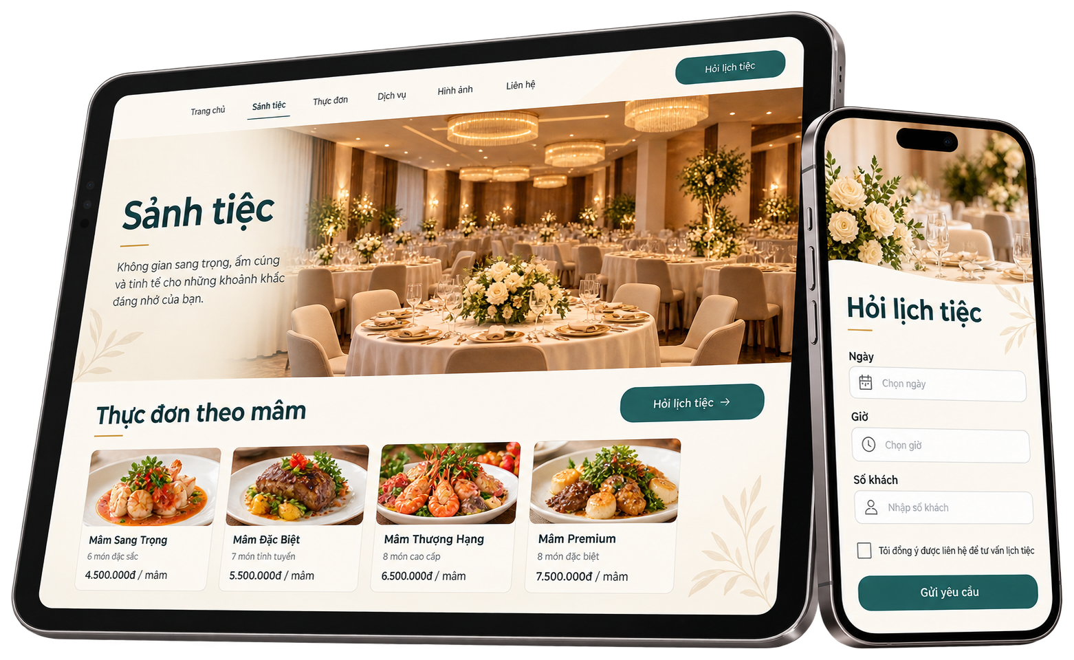 Website nhà hàng tiệc cưới trên máy tính bảng và điện thoại: trang sảnh tiệc, thực đơn theo mâm, form hỏi lịch tiệc