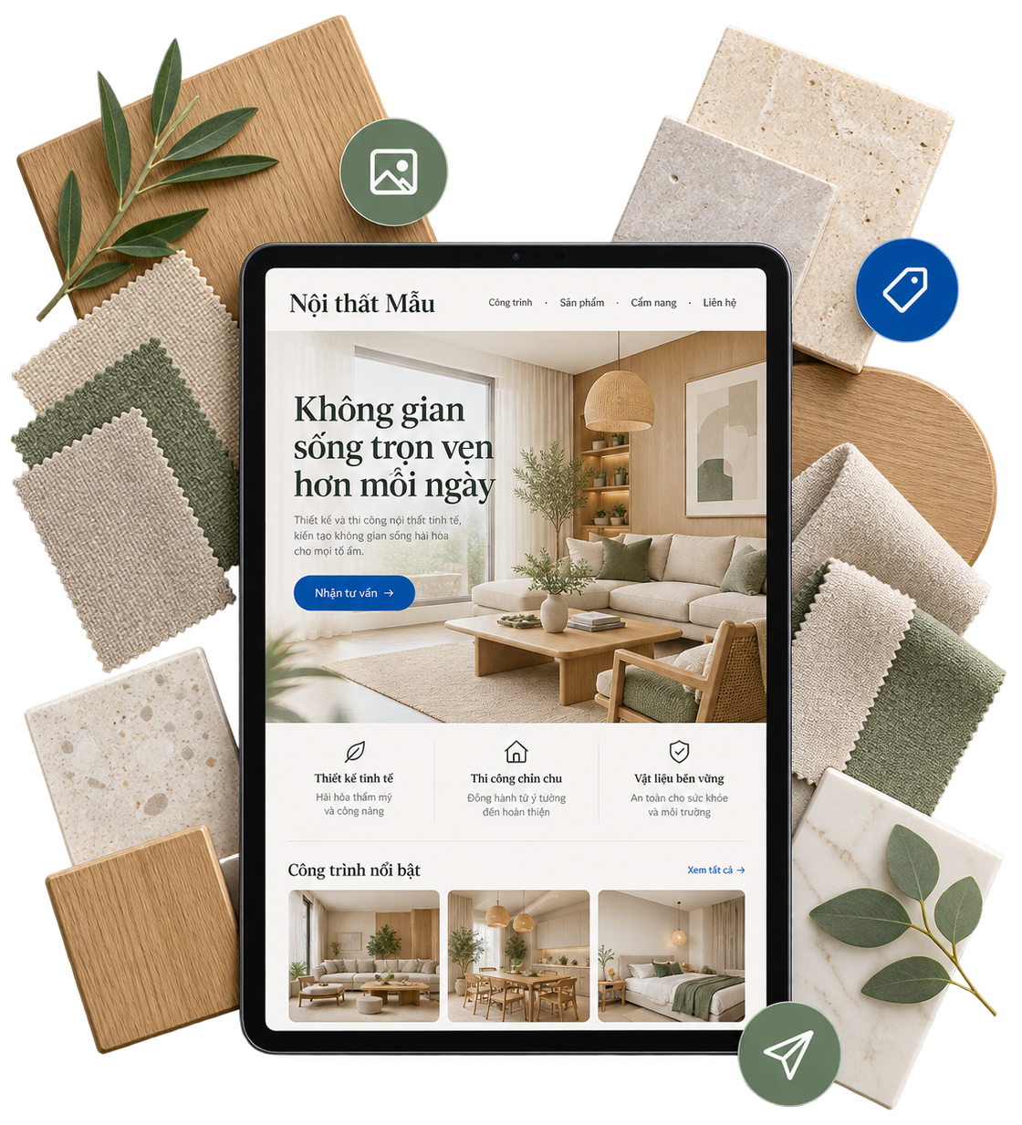 Website nội thất minh hoạ trên máy tính bảng đặt giữa các mẫu gỗ sồi, vải bọc và đá: trang chủ Nội thất Mẫu có menu Công trình, Sản phẩm, Cẩm nang, Liên hệ, nút Nhận tư vấn và mục Công trình nổi bật